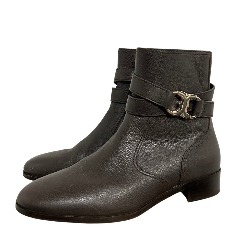 Tory Burch Gemini Gold Link Brown Leather Ankle Boots 8.5 Old Money Quiet Luxury